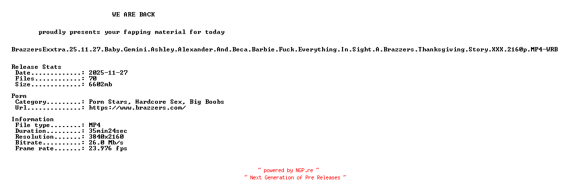 NFO for the release BrazzersExxtra.25.11.27.Baby.Gemini.Ashley.Alexander.And.Beca.Barbie.Fuck.Everything.In.Sight.A.Brazzers.Thanksgiving.Story.XXX.2160p.MP4-WRB by WRB