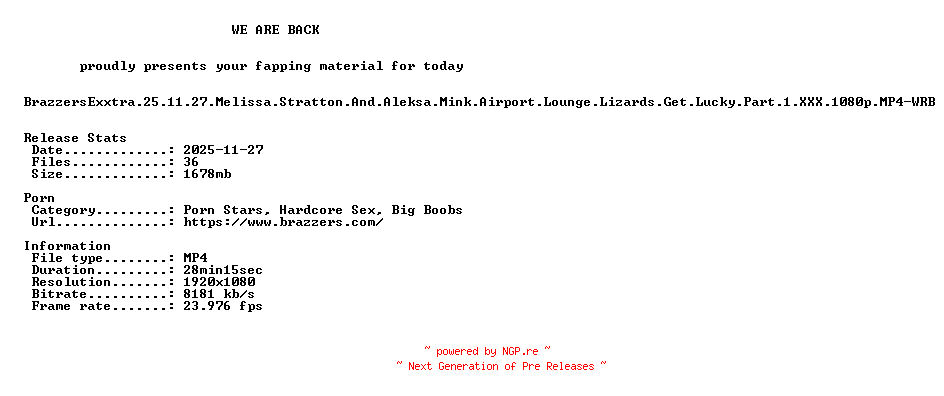 NFO for the release BrazzersExxtra.25.11.27.Melissa.Stratton.And.Aleksa.Mink.Airport.Lounge.Lizards.Get.Lucky.Part.1.XXX.1080p.MP4-WRB by WRB