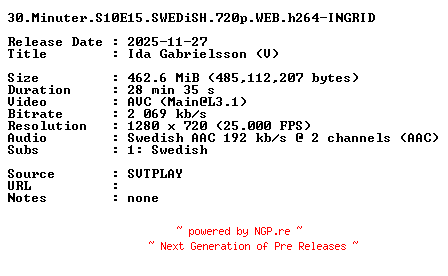 NFO for the release 30.Minuter.S10E15.SWEDiSH.720p.WEB.h264-INGRID by INGRID
