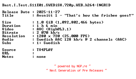 NFO for the release Bast.I.Test.S11E01.SWEDiSH.720p.WEB.h264-INGRID by INGRID