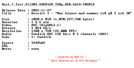 NFO for the release Bast.I.Test.S11E03.SWEDiSH.720p.WEB.h264-INGRID by INGRID