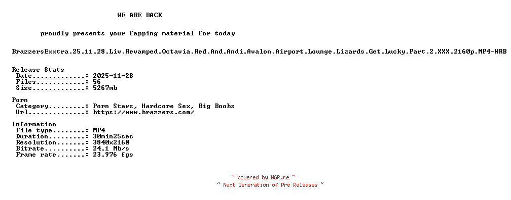 NFO for the release BrazzersExxtra.25.11.28.Liv.Revamped.Octavia.Red.And.Andi.Avalon.Airport.Lounge.Lizards.Get.Lucky.Part.2.XXX.2160p.MP4-WRB by WRB