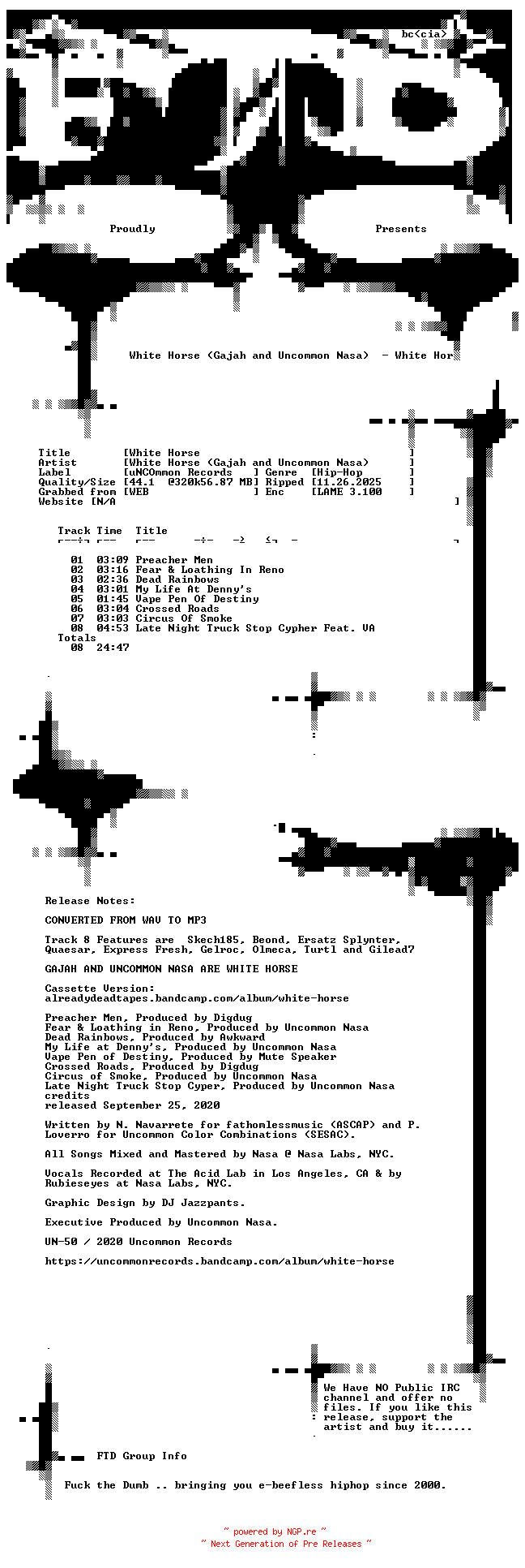 NFO for the release White_Horse_(Gajah_and_Uncommon_Nasa)-White_Horse-WEB-2020-FTD by FTD