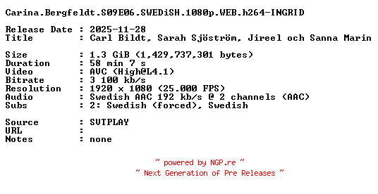 NFO for the release Carina.Bergfeldt.S09E06.SWEDiSH.1080p.WEB.h264-INGRID by INGRID