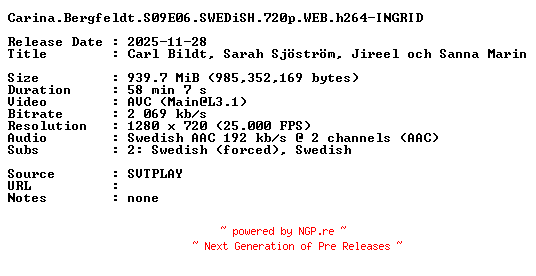 NFO for the release Carina.Bergfeldt.S09E06.SWEDiSH.720p.WEB.h264-INGRID by INGRID