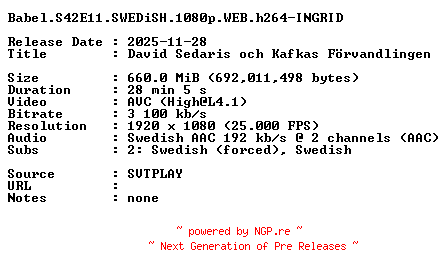 NFO for the release Babel.S42E11.SWEDiSH.1080p.WEB.h264-INGRID by INGRID
