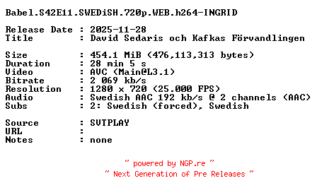 NFO for the release Babel.S42E11.SWEDiSH.720p.WEB.h264-INGRID by INGRID