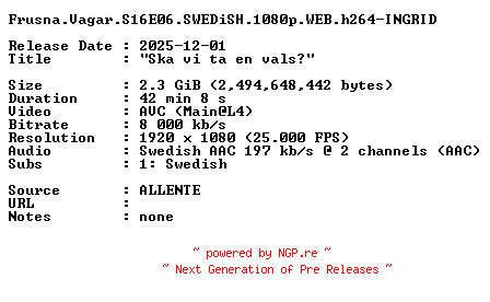NFO for the release Frusna.Vagar.S16E06.SWEDiSH.1080p.WEB.h264-INGRID by INGRID