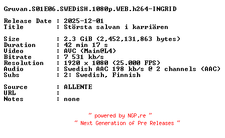 NFO for the release Gruvan.S01E06.SWEDiSH.1080p.WEB.h264-INGRID by INGRID