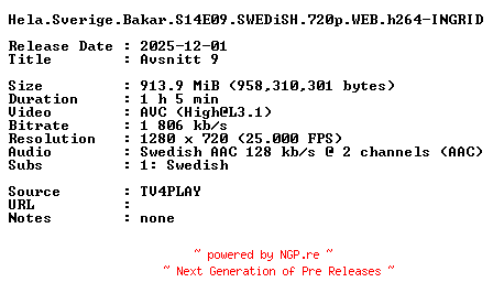 NFO for the release Hela.Sverige.Bakar.S14E09.SWEDiSH.720p.WEB.h264-INGRID by INGRID