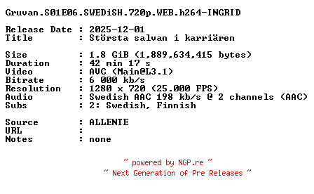 NFO for the release Gruvan.S01E06.SWEDiSH.720p.WEB.h264-INGRID by INGRID