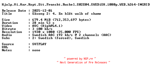 NFO for the release Hjalp.Vi.Har.Kopt.Ett.Franskt.Ruckel.S02E04.SWEDiSH.1080p.WEB.h264-INGRID by INGRID