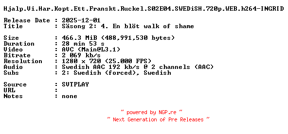 NFO for the release Hjalp.Vi.Har.Kopt.Ett.Franskt.Ruckel.S02E04.SWEDiSH.720p.WEB.h264-INGRID by INGRID