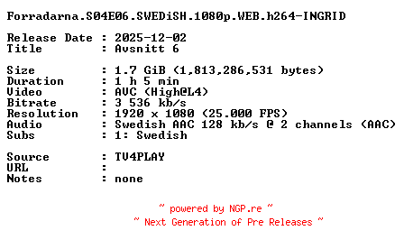 NFO for the release Forradarna.S04E06.SWEDiSH.1080p.WEB.h264-INGRID by INGRID