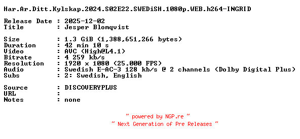 NFO for the release Har.Ar.Ditt.Kylskap.2024.S02E22.SWEDiSH.1080p.WEB.h264-INGRID by INGRID