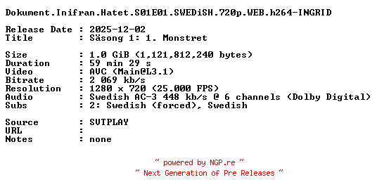NFO for the release Dokument.Inifran.Hatet.S01E01.SWEDiSH.720p.WEB.h264-INGRID by INGRID