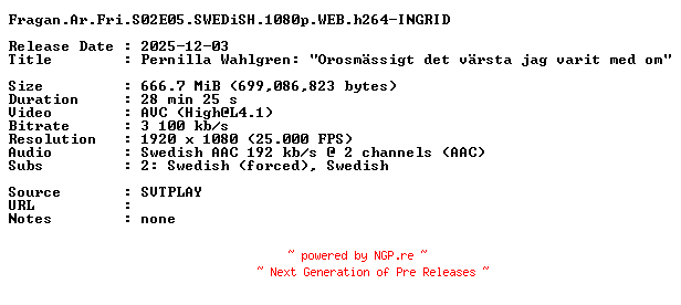 NFO for the release Fragan.Ar.Fri.S02E05.SWEDiSH.1080p.WEB.h264-INGRID by INGRID