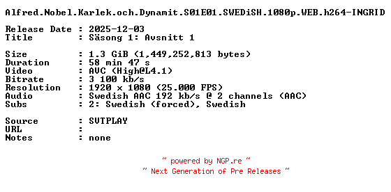 NFO for the release Alfred.Nobel.Karlek.och.Dynamit.S01E01.SWEDiSH.1080p.WEB.h264-INGRID by INGRID