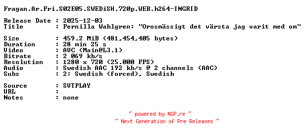 NFO for the release Fragan.Ar.Fri.S02E05.SWEDiSH.720p.WEB.h264-INGRID by INGRID