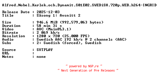 NFO for the release Alfred.Nobel.Karlek.och.Dynamit.S01E02.SWEDiSH.720p.WEB.h264-INGRID by INGRID
