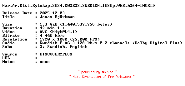NFO for the release Har.Ar.Ditt.Kylskap.2024.S02E23.SWEDiSH.1080p.WEB.h264-INGRID by INGRID