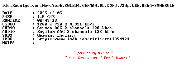 NFO for the release Die.Koenige.von.New.York.S01E04.GERMAN.DL.DOKU.720p.WEB.H264-SYNERGiE by SYNERGiE
