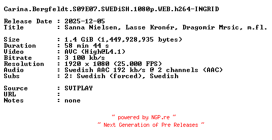 NFO for the release Carina.Bergfeldt.S09E07.SWEDiSH.1080p.WEB.h264-INGRID by INGRID