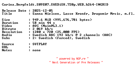 NFO for the release Carina.Bergfeldt.S09E07.SWEDiSH.720p.WEB.h264-INGRID by INGRID