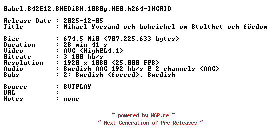 NFO for the release Babel.S42E12.SWEDiSH.1080p.WEB.h264-INGRID by INGRID