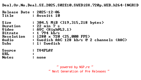 NFO for the release Deal.Or.No.Deal.SE.2025.S02E10.SWEDiSH.720p.WEB.h264-INGRID by INGRID