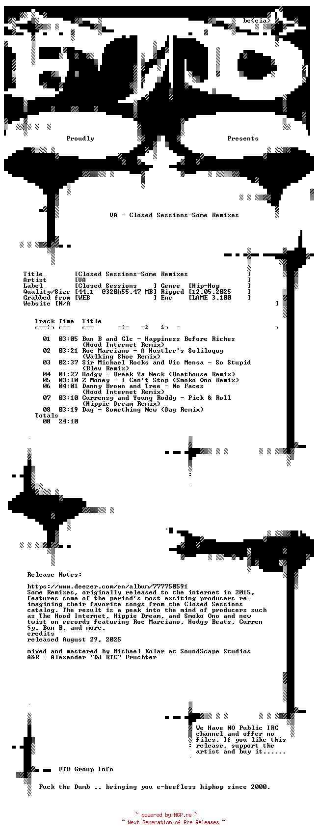 NFO for the release VA-Closed_Sessions-Some_Remixes-Remastered-WEB-2025-FTD by FTD