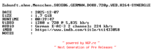 NFO for the release Zukunft.ohne.Menschen.S03E06.GERMAN.DOKU.720p.WEB.H264-SYNERGiE by SYNERGiE