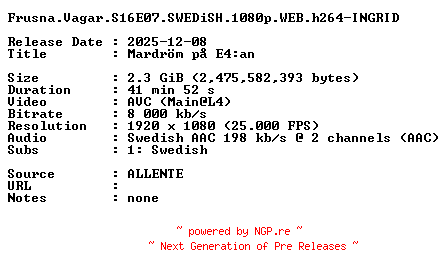 NFO for the release Frusna.Vagar.S16E07.SWEDiSH.1080p.WEB.h264-INGRID by INGRID