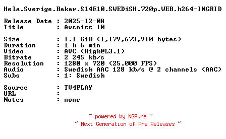 NFO for the release Hela.Sverige.Bakar.S14E10.SWEDiSH.720p.WEB.h264-INGRID by INGRID