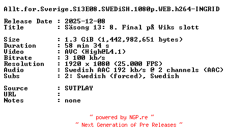 NFO for the release Allt.for.Sverige.S13E08.SWEDiSH.1080p.WEB.h264-INGRID by INGRID