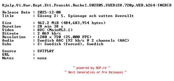 NFO for the release Hjalp.Vi.Har.Kopt.Ett.Franskt.Ruckel.S02E05.SWEDiSH.720p.WEB.h264-INGRID by INGRID