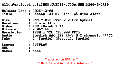 NFO for the release Allt.for.Sverige.S13E08.SWEDiSH.720p.WEB.h264-INGRID by INGRID