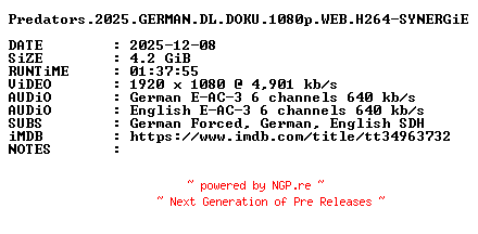 NFO for the release Predators.2025.GERMAN.DL.DOKU.1080p.WEB.H264-SYNERGiE by SYNERGiE