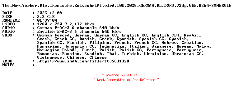 NFO for the release The.New.Yorker.Die.ikonische.Zeitschrift.wird.100.2025.GERMAN.DL.DOKU.720p.WEB.H264-SYNERGiE by SYNERGiE
