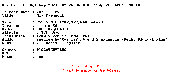 NFO for the release Har.Ar.Ditt.Kylskap.2024.S02E26.SWEDiSH.720p.WEB.h264-INGRID by INGRID