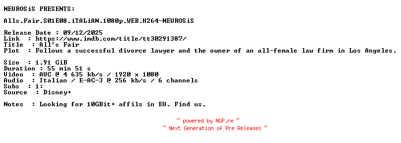 NFO for the release Alls.Fair.S01E08.iTALiAN.1080p.WEB.H264-NEUROSiS by NEUROSiS