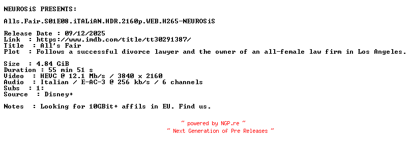 NFO for the release Alls.Fair.S01E08.iTALiAN.HDR.2160p.WEB.H265-NEUROSiS by NEUROSiS