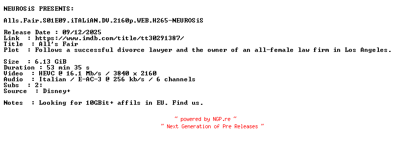 NFO for the release Alls.Fair.S01E09.iTALiAN.DV.2160p.WEB.H265-NEUROSiS by NEUROSiS