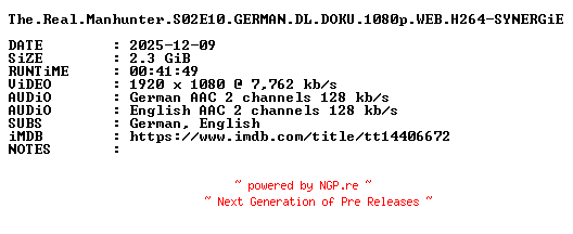 NFO for the release The.Real.Manhunter.S02E10.GERMAN.DL.DOKU.1080p.WEB.H264-SYNERGiE by SYNERGiE