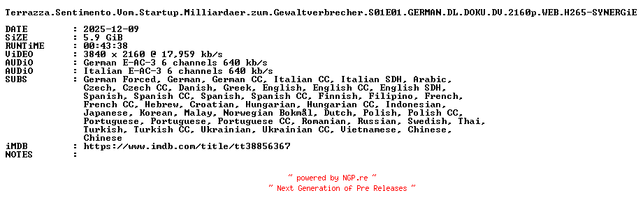 NFO for the release Terrazza.Sentimento.Vom.Startup.Milliardaer.zum.Gewaltverbrecher.S01E01.GERMAN.DL.DOKU.DV.2160p.WEB.H265-SYNERGiE by SYNERGiE