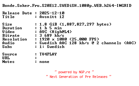 NFO for the release Bonde.Soker.Fru.S20E12.SWEDiSH.1080p.WEB.h264-INGRID by INGRID