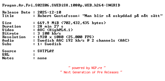 NFO for the release Fragan.Ar.Fri.S02E06.SWEDiSH.1080p.WEB.h264-INGRID by INGRID