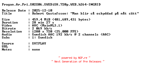 NFO for the release Fragan.Ar.Fri.S02E06.SWEDiSH.720p.WEB.h264-INGRID by INGRID