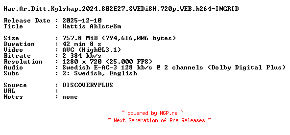 NFO for the release Har.Ar.Ditt.Kylskap.2024.S02E27.SWEDiSH.720p.WEB.h264-INGRID by INGRID