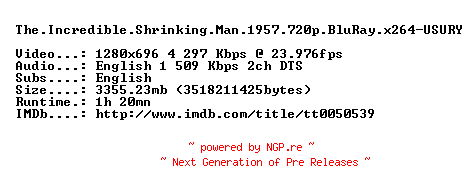 NFO for the release The.Incredible.Shrinking.Man.1957.720p.BluRay.x264-USURY by USURY